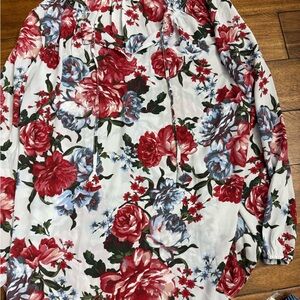 LOFT White Floral V-Neck Long Sleeve Blouse with Red & Blue Flowers